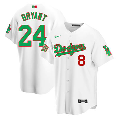 Men's Los Angeles Dodgers Front #8 Back #24 Kobe Bryant White Green MLB Mexico 2020 World Series Stitched Jersey